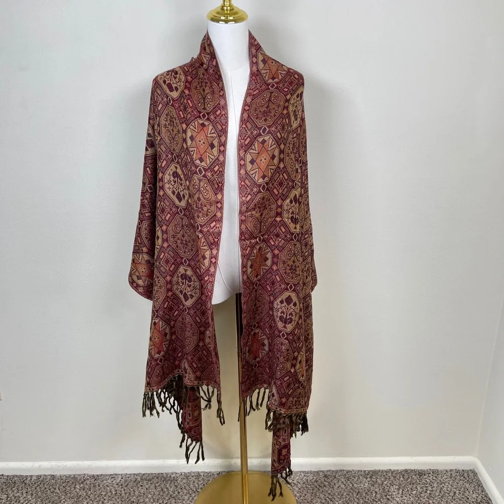 Vintage Pure Wool Pashmina Geometric Medallion Fringed Shawl Wrap Red Brown Gold